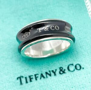Tiffany & Co. 1837 Men's Black Titanium Sterling Silver Wide Concave Ring 8.75